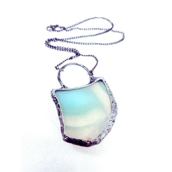 Blue agate crystal necklace handmade gothic metalwork fantasy jewelry beach gems - Picture 4 of 12